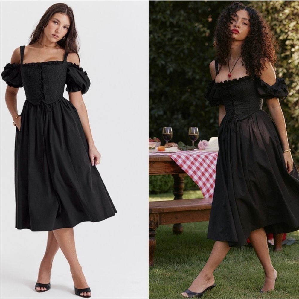 House of CB Silvana Black Puff Sleeves Midi Length SunDress Size Medium
